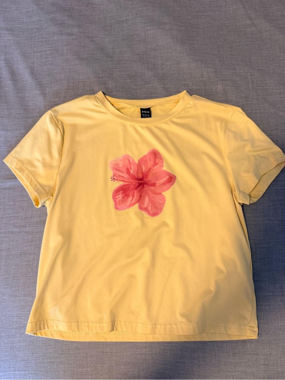 SHEIN Yellow Crop Top with Pink Floral Graphic
